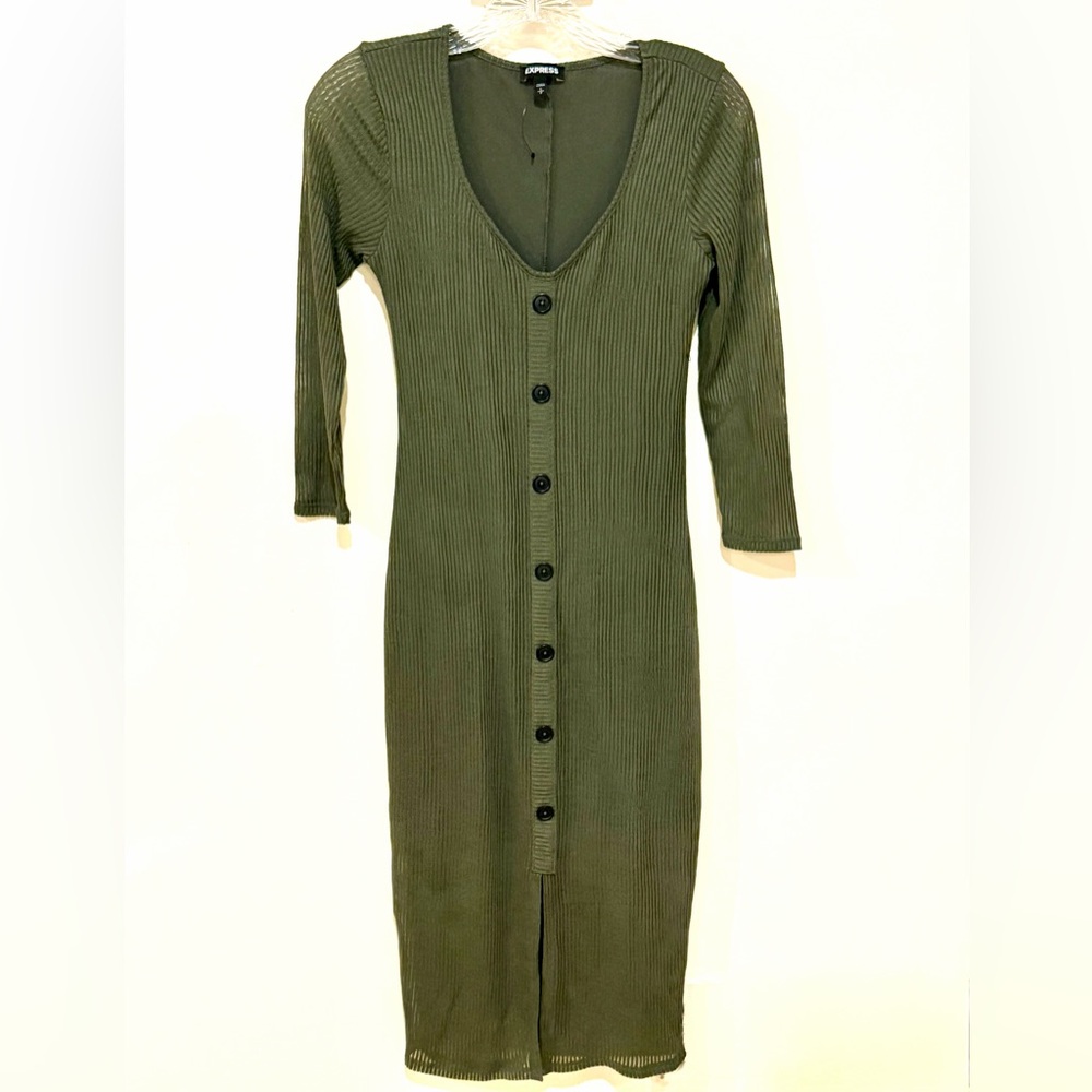 Express Olive Ribbed Button Front Midi Dress | Si… - image 1